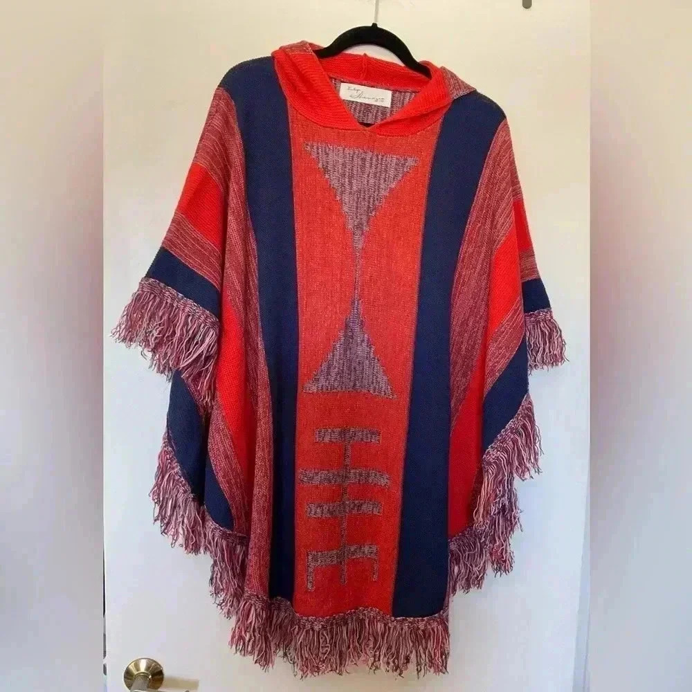NWOT Vintage Havana Orange & Navy Acrylic Sweater Poncho in Size Large